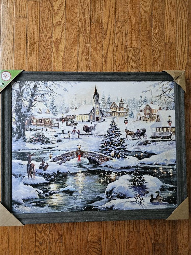 $55.00 - 32" Christmas Wall Art, NEW! Gorgeous Winter Village Scene/Greyish Black Wood Frame/No Lights - Captivating Scene!