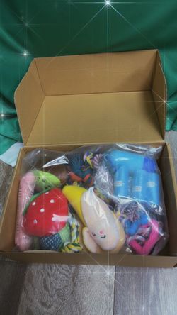 Box of assorted dog toys