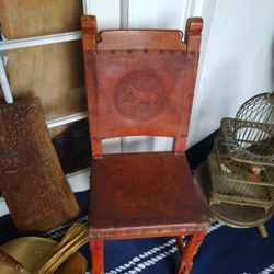 Antique Hand Made Chair With Engraved Leather $200 Now On Sale For $125 Obo