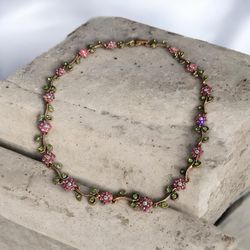 Park Lane Vintage Style Floral Necklace Pink Green Rhinestones