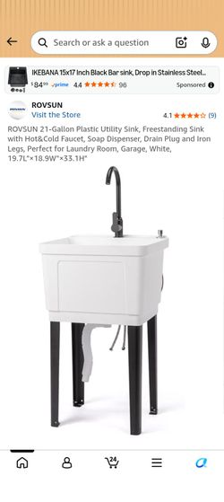 BRAND NEW IN SEALED BOX VINGLI 19.7L x 18.9W x 33.1H 21-Gallon Plastic Utility Sink with Hot and Cold Faucet Soap Dispenser Drain Plug and Iron Legs W