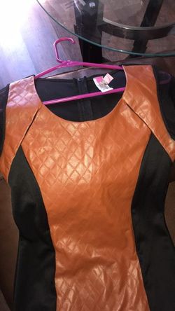 Peanut Butter Faux Leather And Sheer Dress