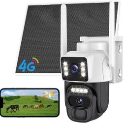 4G LTE Cellular Solar Powered Security Camera Wireless Outdoor, No WiFi Dual Lens Camera, 360 Live View, 2K Color Night Vision, AI PIR Motion Sensor, 