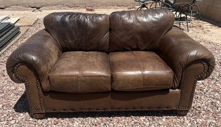 Real Leather Loveseat Couch Ashley Furn. Distressed Chestnut Brown w/ Nailhead Trim