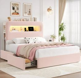 Homfa Full Size Velvet Upholstered Bed with LED Lights & 2 Drawers, Storage Headboard Platform Bed F