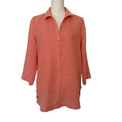 TAHARI Woman’s 100% Coral Linen 3/4 Sleeve LagerLook Tunic Blouse, Sz M