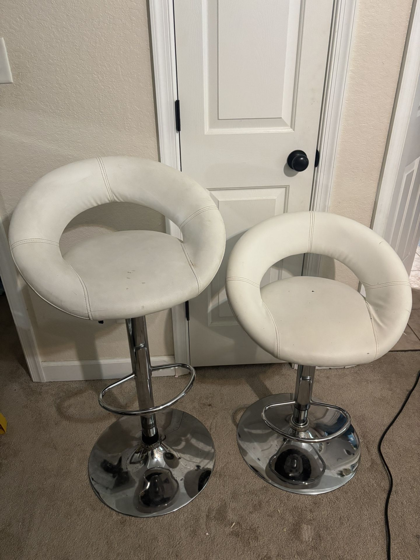 White Swivel And Adjustable Height Bar Stools 