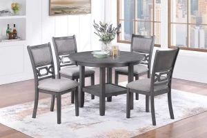 Brand new gray round dining table + 4 gray linen chairs (Table: 42" Ø x 30" H; Chair: 17" x 22" x 38" H)