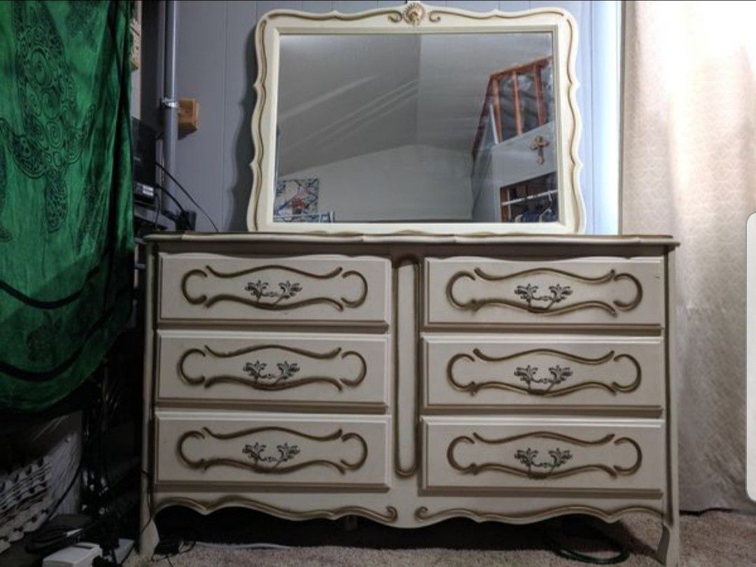 Vintage French Provincial 5 Piece Bedroom Set - Dresser, Mirror, Chest of Drawers, Desk, Nightstand