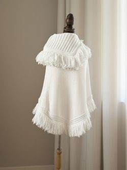 White Knit Fringe Poncho Cape