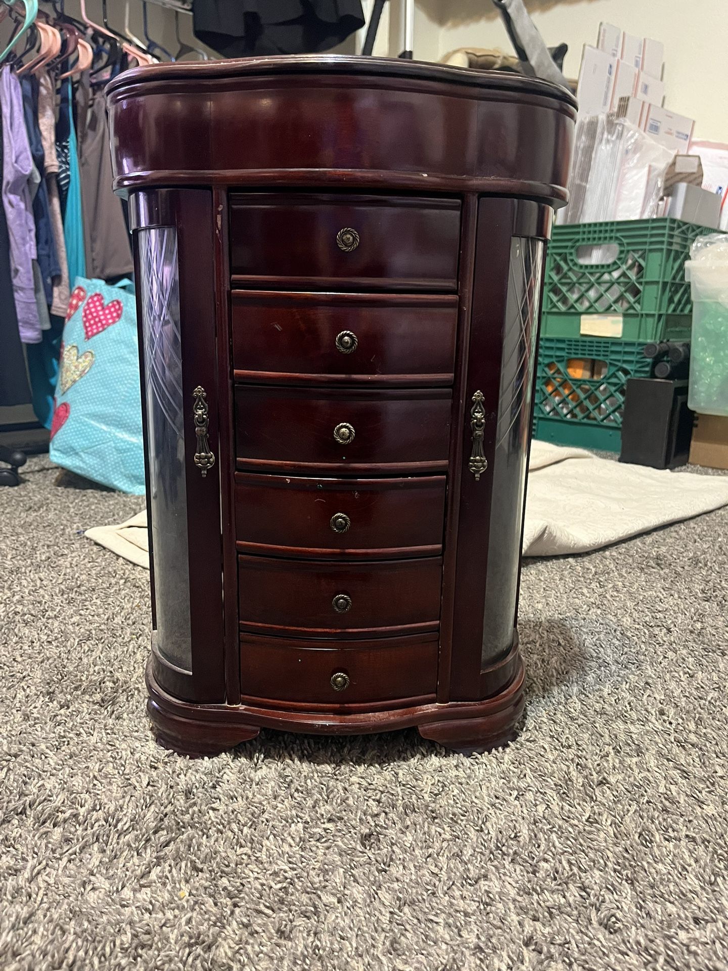 Wooden Jewelry box 6 drawer mirror top pop up