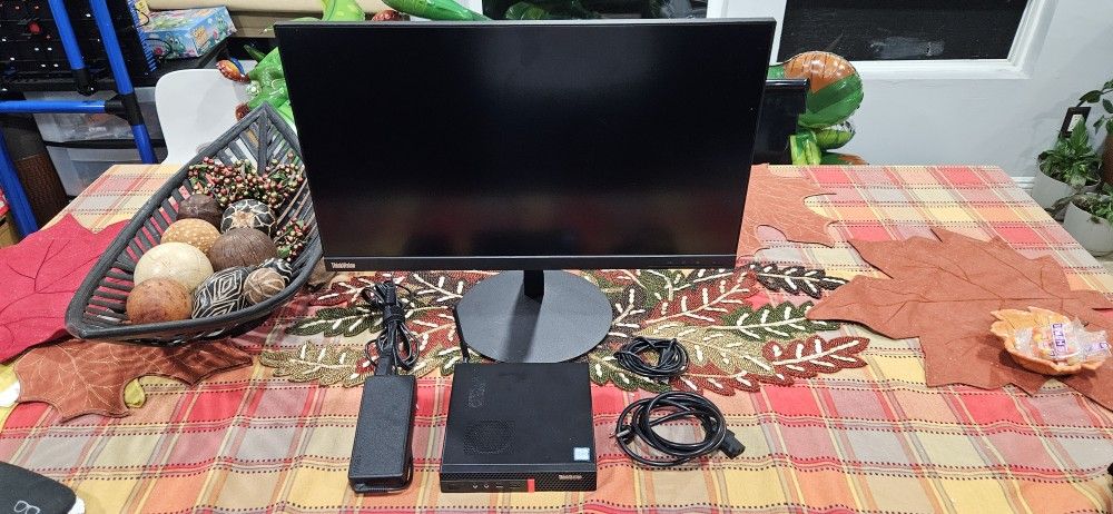 Full Computer Setup : Lenovo ThinkCentre (Mini Pc) Refurbished And Lenovo ThinkVision 27' Office Monitor - 4 ms, Black( Little Damage On Monitor )