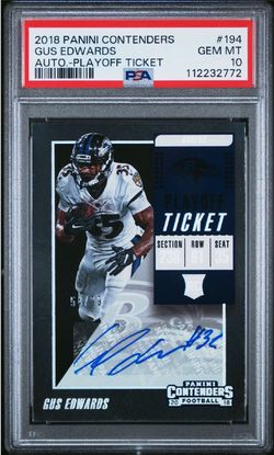 2018 Panini Contenders Gus Edwards Playoff Ticket Auto RC #/99 PSA 10 RAVENS (available on eBay only)