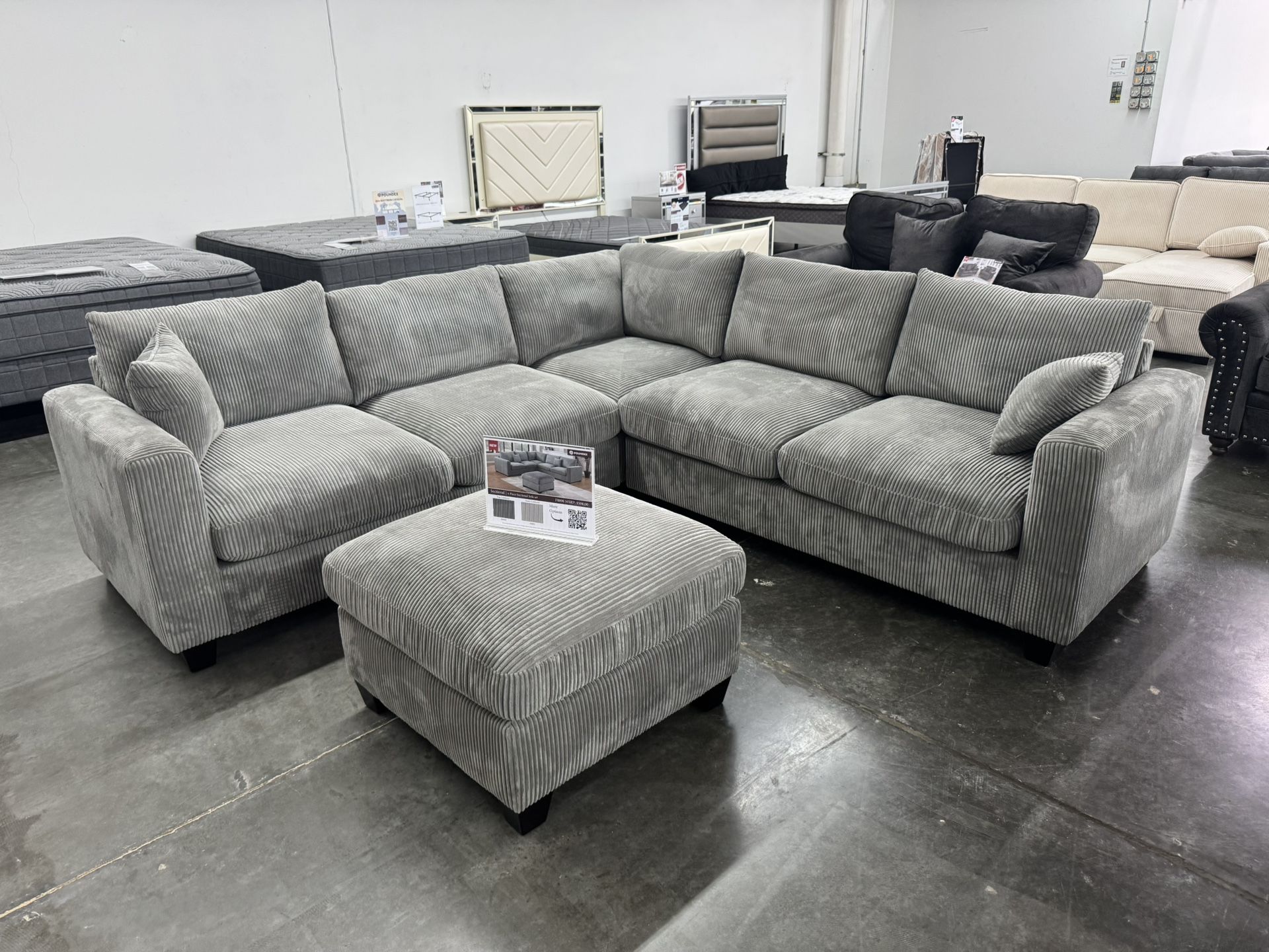 GREY CORDUROY SECTIONAL WITH OTTOMAN