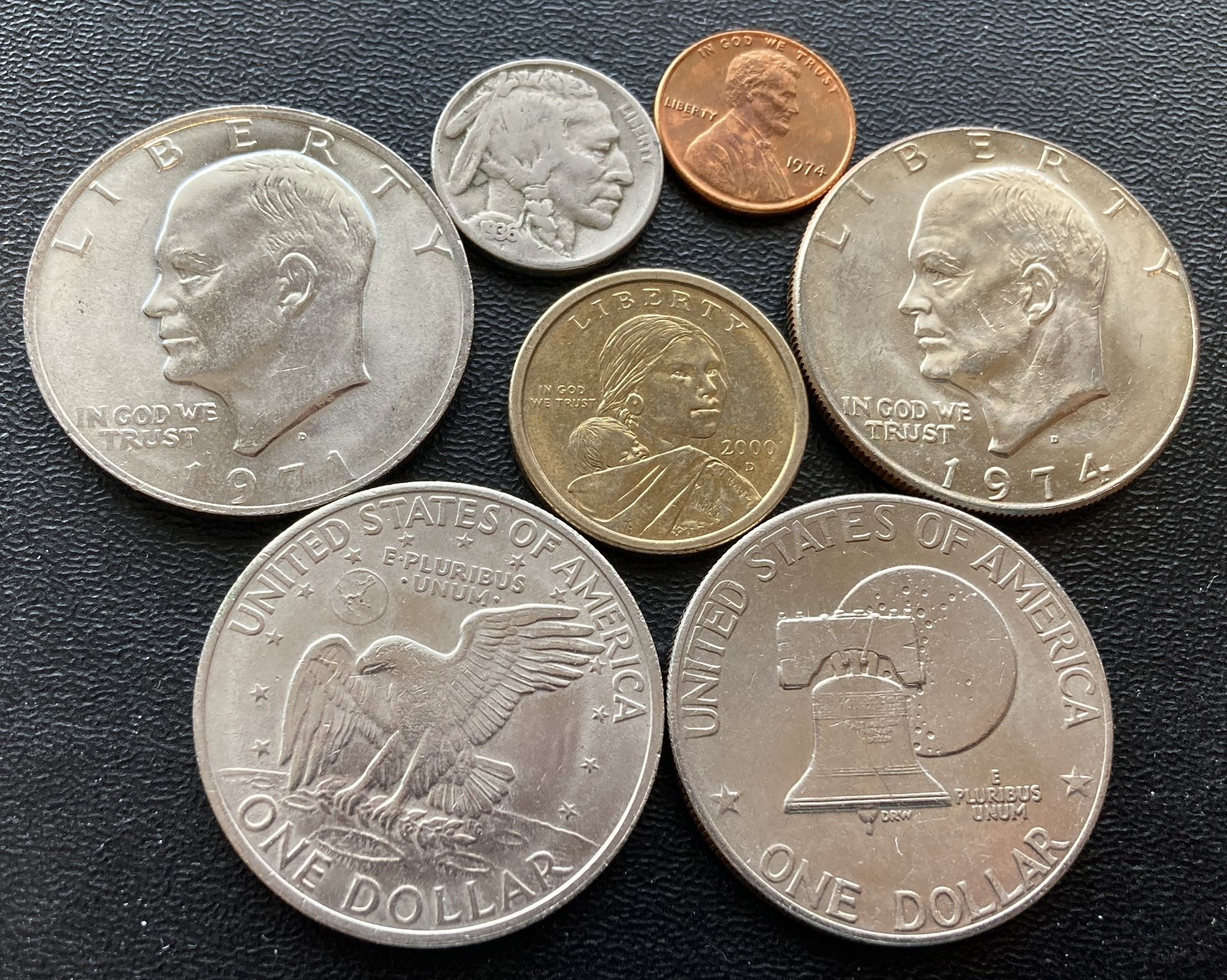 Seven (7) US Coins Lot 4 Large 1970s Eisenhower Dollars Collection