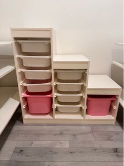 IKEA TROFAST Storage Unit – White with Pink & White Bins