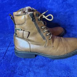Vostey Milan Brown Combat Motorcycle Leather Boots Lace Up & Zip Mens Size 10.5 Boots
