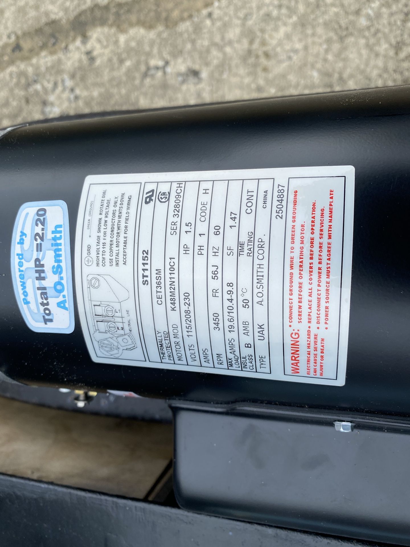 Pool pump motor. A O. Smith. 1.5hp. Brand new
