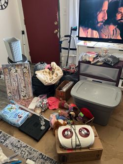 Lot of householdsitems/ 2 bag men’s clothes.foot massage and much more