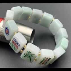 Certificate light Green jade jadeite Luck Wealth Mahjong bangle bracelet 7inches