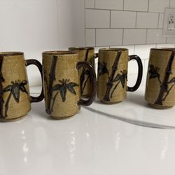 Vintage Japanese stoneware bamboo leaf coffee/tea mugs, set of six, modern rustic, coffee shop mugs
