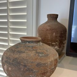 Vintage 2 -Unglazed Terracotta Jars Rustic Pottery Vessels Drainage Holes Pots Centerpiece Antique Centerpieces For Table Mediterranean Collectibles 