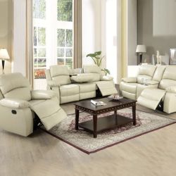 Beige Cream Leather Fully Reclining Three Piece Couch Set