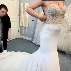 Justin Alexander nude and ivory mermaid wedding dress and cathedral veil