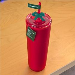 New Starbucks 24 Oz Red Christmas Tumbler Iced Coffee Cup Soft Touch Bottle