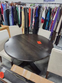 Pottery Barn Dark Espresso Round Pedestal Dining Table & 4 Studded Chairs