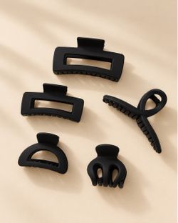 Women’s Black Plastic Hair Claw Clips Set Lot of 5 Matte Solid Classic Casual
