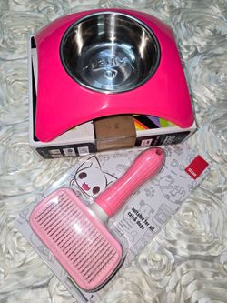 Set of small pet water & food bowl plus brush/ Set de cepillo para mascotas y plato