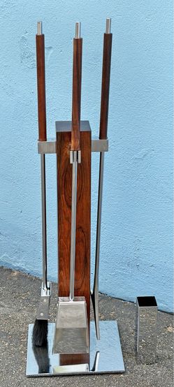 Vintage Alessandro Albrizzi rosewood and chrome fireplace tool set