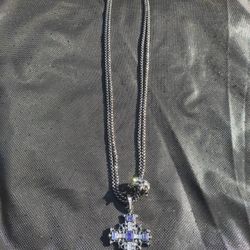 NEW Adrienne Cross & Crown Necklace Purple Silver Tone With Ring