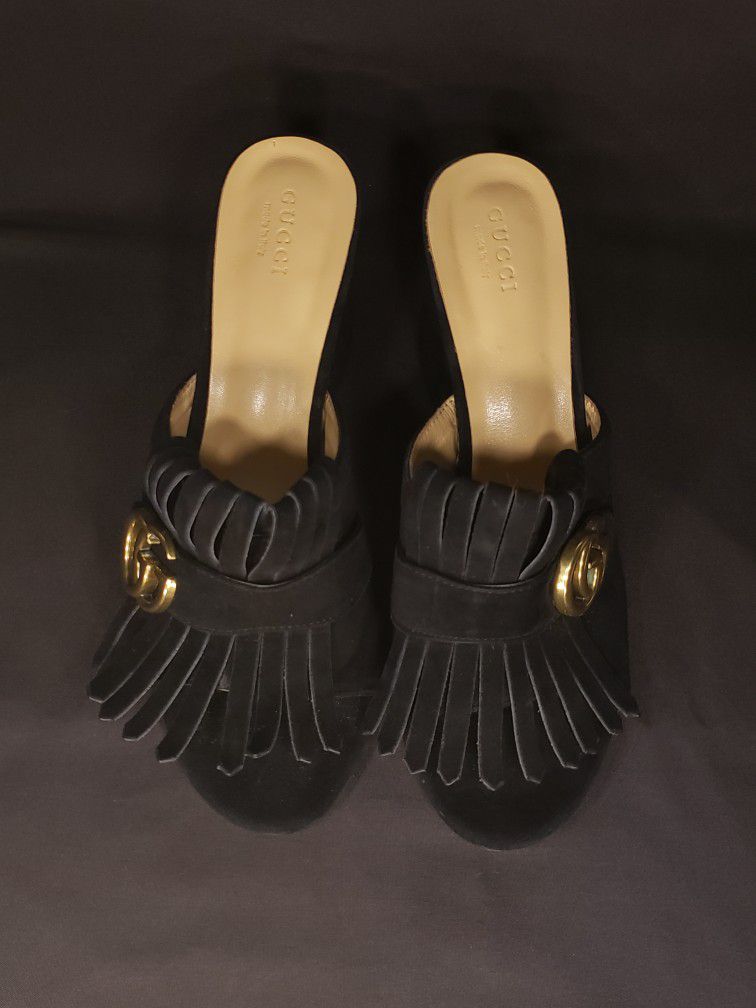 Gucci Black Marmont Scamosciato Gg Fringe Mid Heel Sandals Mules/Slides