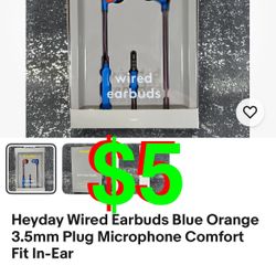 Wired Earbuds Bright Blue 3.5mm Plug Microphone Comfort Fit In-Ear