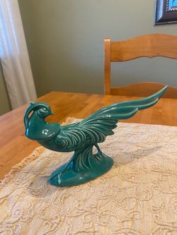 MCM vintage California pottery #110 long tailed pheasant ceramic turquoise / green 1950s sculpture.