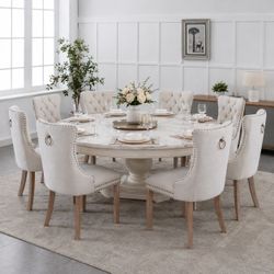 Set Of 8 Linen Fabric Dining Chairs Tufted Back with Nailed Trim and Back Ring Pull  [NEW] **Assembly Req** 