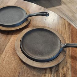 (2)Wagner Cast Iron Comals w/Walnut Trivets