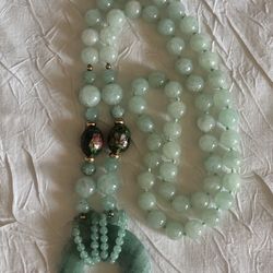 Vintage Green Jadeite/Jade, 14k Gold & Cloisonné Bead Pendant Necklace 33”