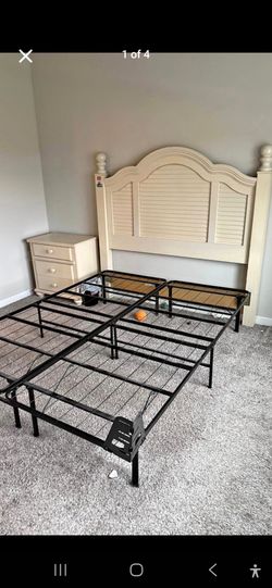 Bedroom Dresser, Night Stand, butter Creme Headboard, queen Metal Frame and Queen Mattress