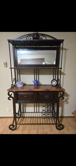 Large Wrought Iron Baker’s Rack Wine Bar Copper Top Mirror Drawers 80" Tall