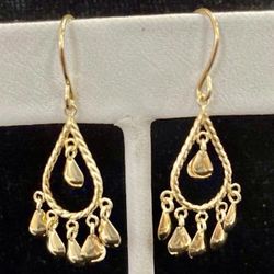 FREE SHIPPING! 14k Yellow Gold Dangle Teardrops Chandelier Earrings