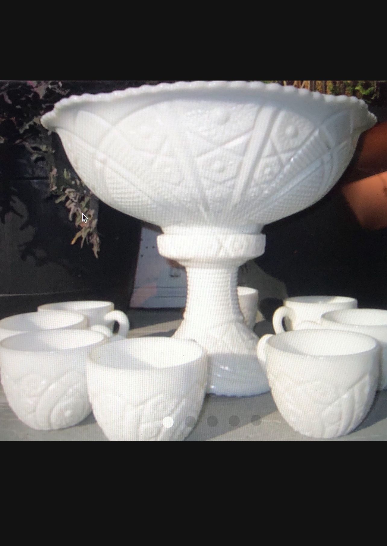 Milk Glass Punch Bowl, Stand & 12 Glasses