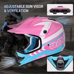 🎄Youth Small Motocross Full-Face Helmet Pink Blue White