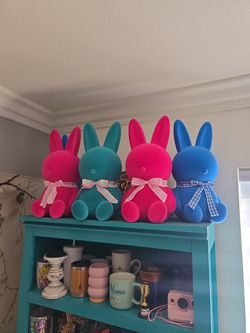 Easter pink, blue and green flocked bunny decoration, 16 in each, 5 total,