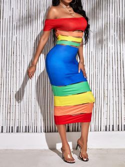 Rainbow Colorblock Cutout Bodycon Midi Dress