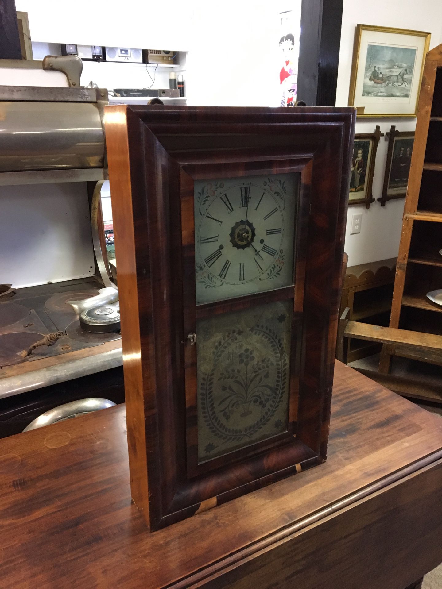 Antique Wooden glass front clock, good shape, great for display