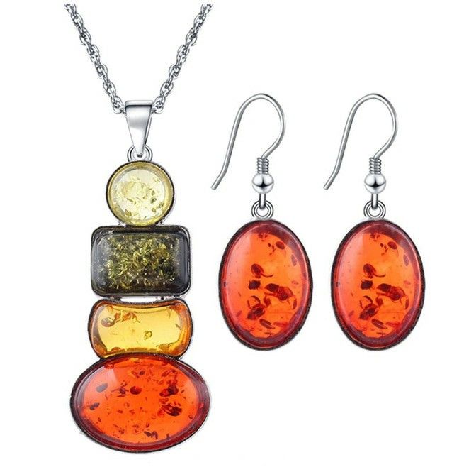 Bohemian African Multicolor Rectangle Pave Gemstone Amber Necklace Jewelry Sets