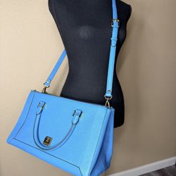 M C M Blue Saffiano Leather Structured Satchel – Rare Colorway